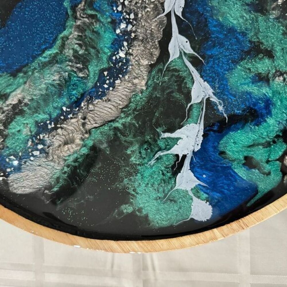 Stunning 21" Handpainted Lazy Susan Abstract Ocean Art Blue White Centerpiece - Picture 5 of 7